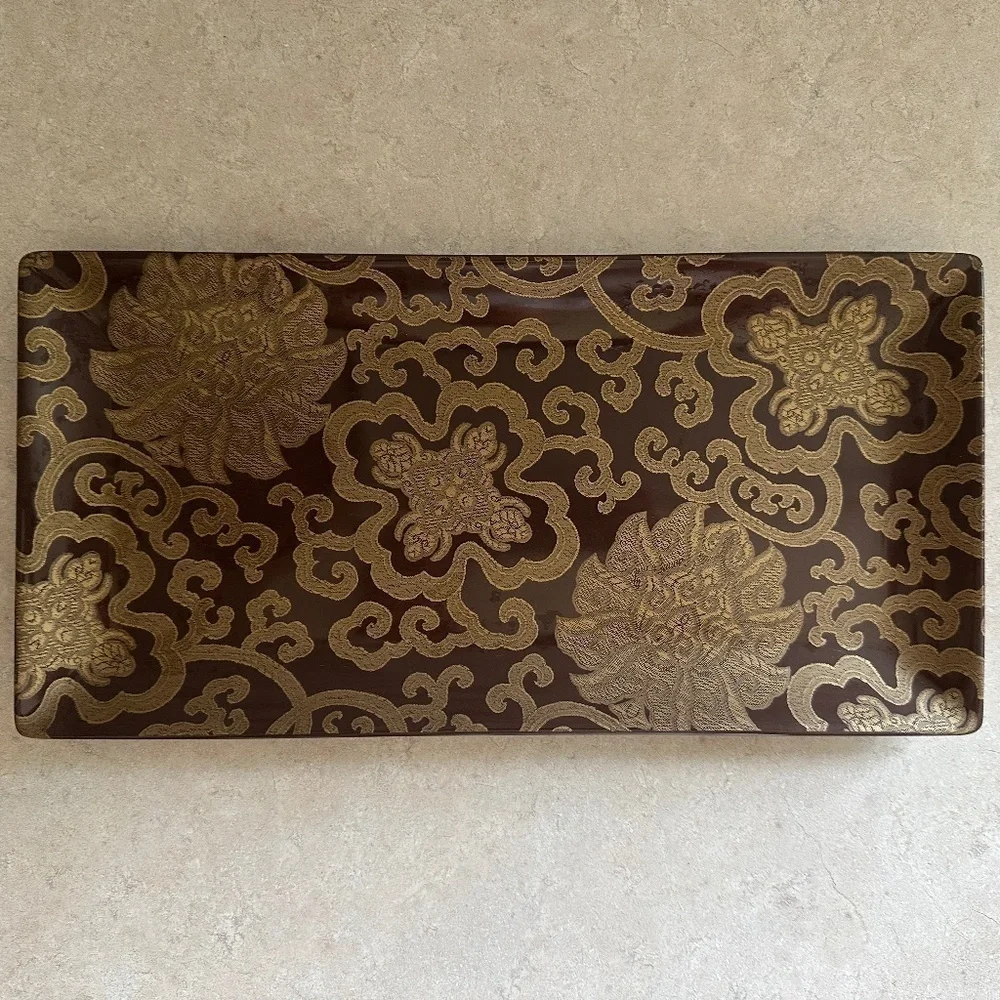 RARE Pottery Barn Chinoise Mink Medallion Gold Damask Rectangular Brown Platter